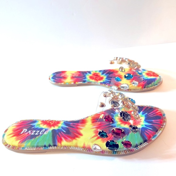 * Pazzle Colorful Tie Dye Rhinestone Trim Flat Sandals - Picture 3 of 8